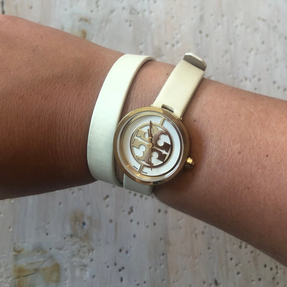 Tory Burch White & gold leather wrap watch